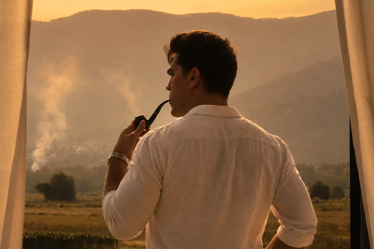 Giancarlo Monsalve at sunset over the Tuscan hills